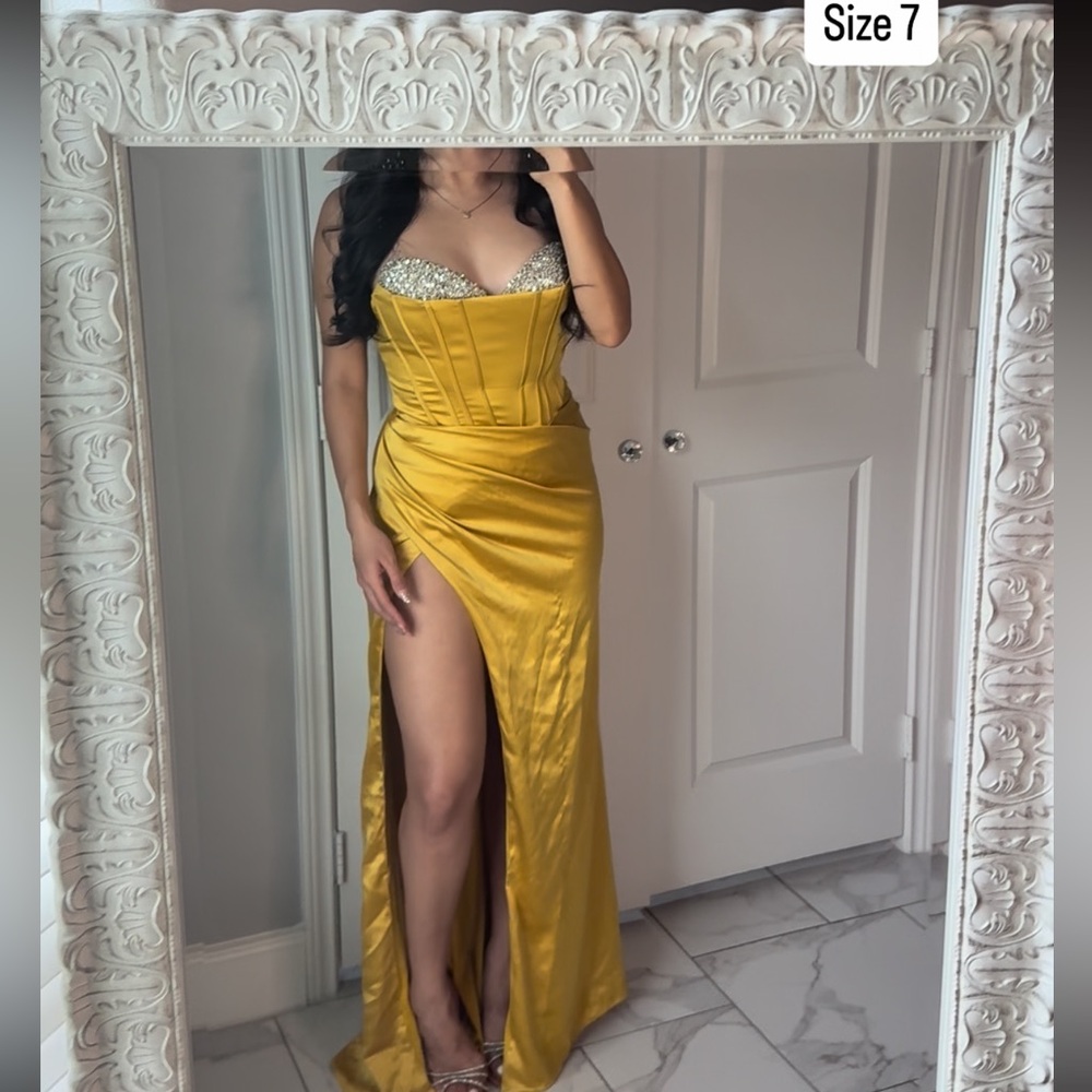 Elegant Yellow Satin Gown with Slit
